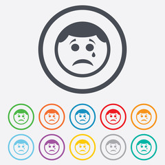 Sad face with tear sign icon. Crying symbol.