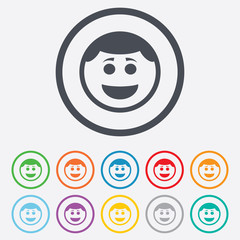 Smile face icon. Smiley with hairstyle symbol.