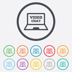 Video chat laptop sign icon. Web communication.