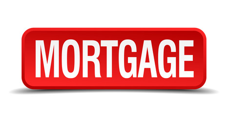 Mortgage red 3d square button isolated on white