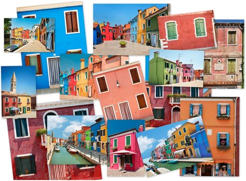 Collage of images of colorful buildings on the island of Burano