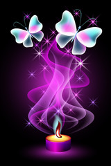 Burning candle with butterflies and stars