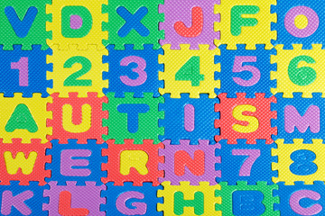 Multicolored plastic toy letters spelling the word Autism