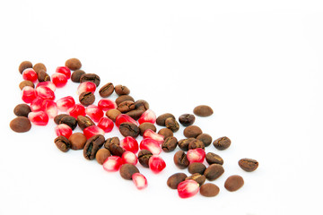 coffee grains and  red pomegranate grains