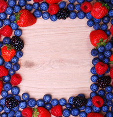 Berries Frame on Wooden Background. Strawberries, Blueberry, Ras