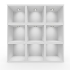 Empty white shelves with lighting