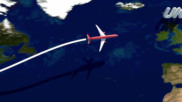 Airplane flight path from USA to Great Britain and return