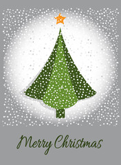 Merry Christmas card with graphic Christmas tree and snow