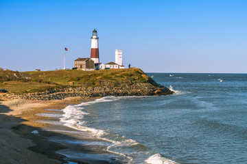 Montauk Point Lighthouse and beach from the cliffs of Camp Hero.