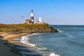 Printed kitchen splashbacks Lighthouse Montauk Point Lighthouse and beach from the cliffs of Camp Hero.