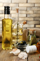 Different sorts of cooking oil, close-up