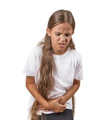 teenager girl with stomach pain isolated on white background 
