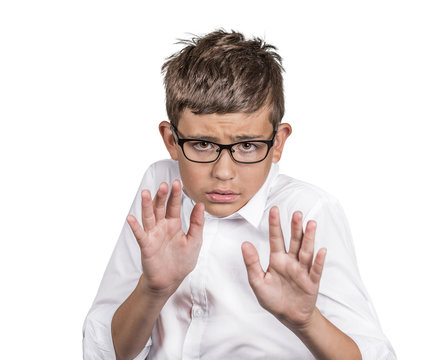 Headshot Scared boy isolated on white background 