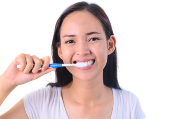 Asian woman teeth brushing isolated on white background
