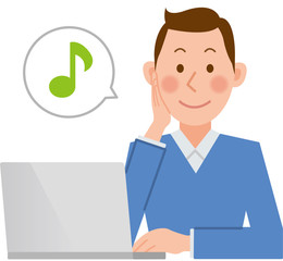 男性　パソコン　音符