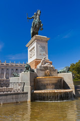 Statue of King in front of Royal Palace - Madrid Spain