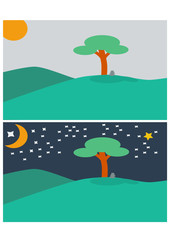 Day and Night Landscape with Tree and Stone