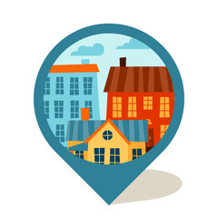 Cityscape navigation marker with cute colorful houses.