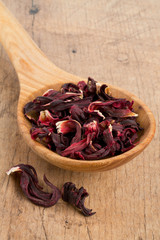 Hibiscus tea on wooden surface