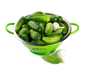 fresh cucumbers in a green colander