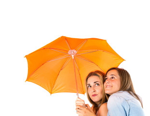 Friends holding an umbrella over white background