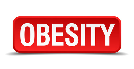 Obesity red 3d square button isolated on white