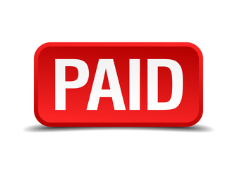 Paid red 3d square button isolated on white