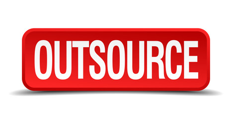 Outsource red 3d square button isolated on white