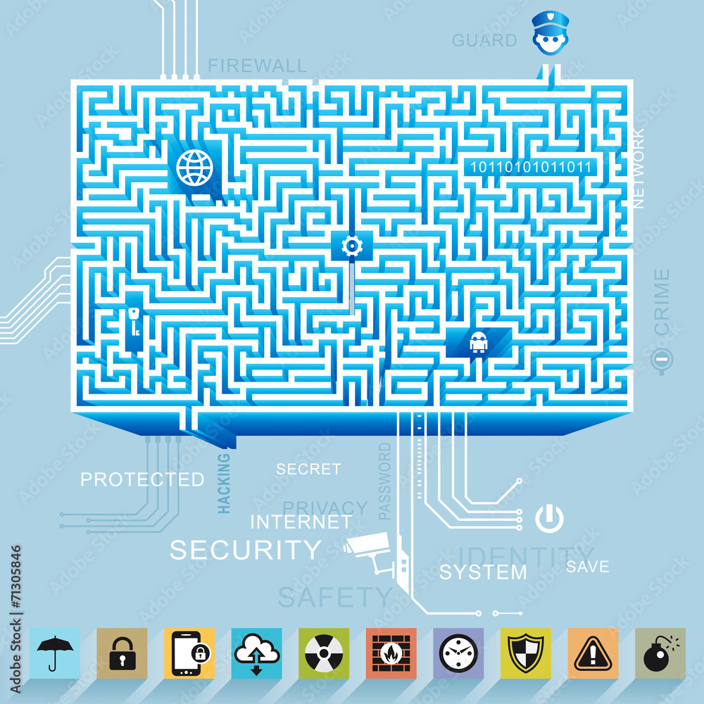 Poster internet security and protection maze background.
