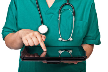 detail doctor uses tablet for diagnosis. isolated white background
