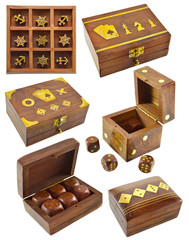 Collection of playing sets with dice, x and o game and cards