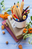 Pencils books concept back school autumn fruit