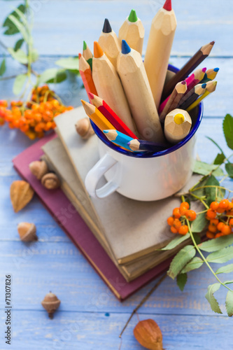 Pencils books concept back school autumn fruit