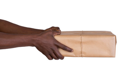 Man holding a parcel isolated on white background