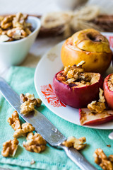 sweet baked apples with walnuts and honey, dessert autumn