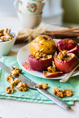 sweet baked apples with walnuts and honey, dessert autumn
