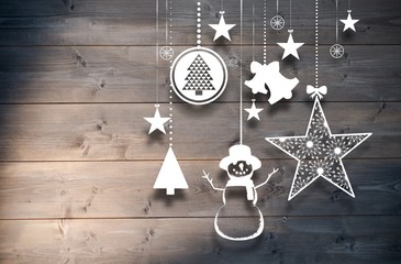 Composite image of hanging christmas decorations