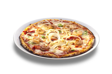 Delicious pizza with seafood isolated on white