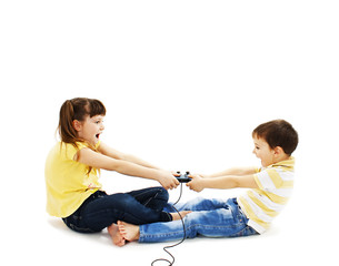 Two kids fighting. Isolated on white background