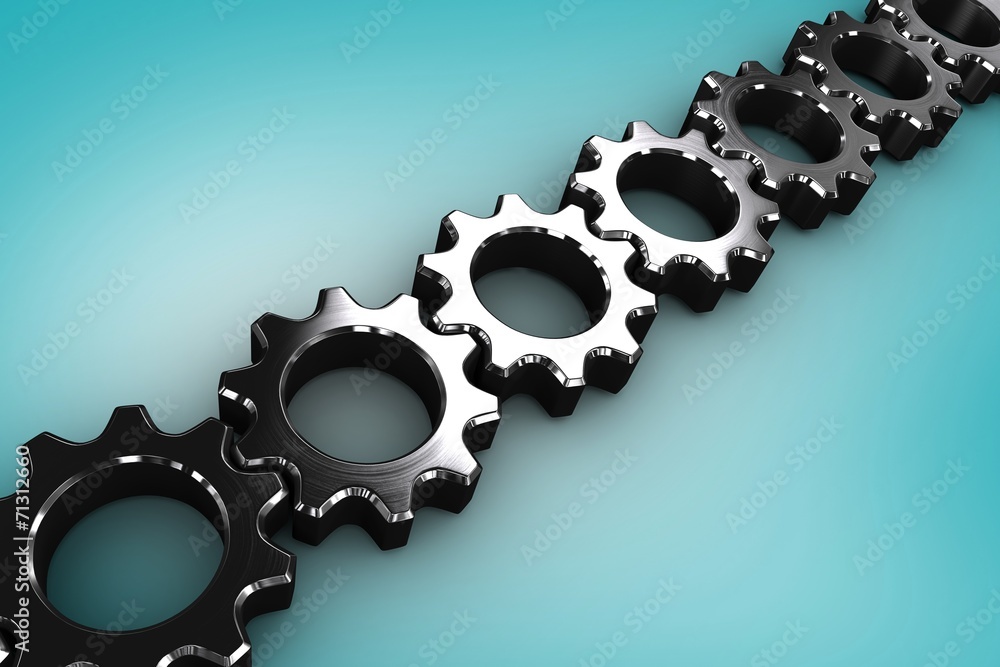 Poster composite image of metal cogs and wheels connecting