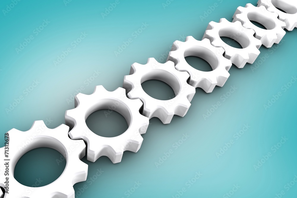 Poster Composite image of white cogs and wheels connecting