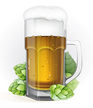 Mug of lager beer and hops
