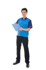 Obraz na płótnie Canvas courier in blue uniform sending a package