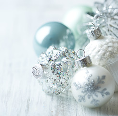 White and blue Christmas balls; close up