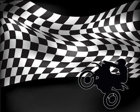 checkered flag with wheelie motorbike and rider