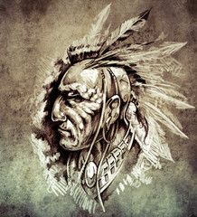 Sketch of tattoo art, American Indian Chief illustration on vint