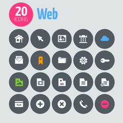 Flat minimalistic web icons on dark gray circles