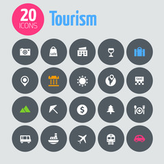 Flat minimalistic tourism icons on dark gray circles