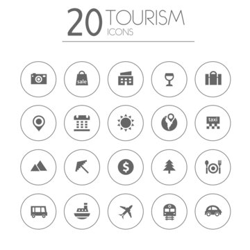 Simple thin tourism icons collection on white background
