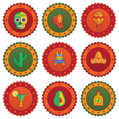vector mexican round badges red green orange pinata skull maraca sombrero margarita cactus clipart isolated on white